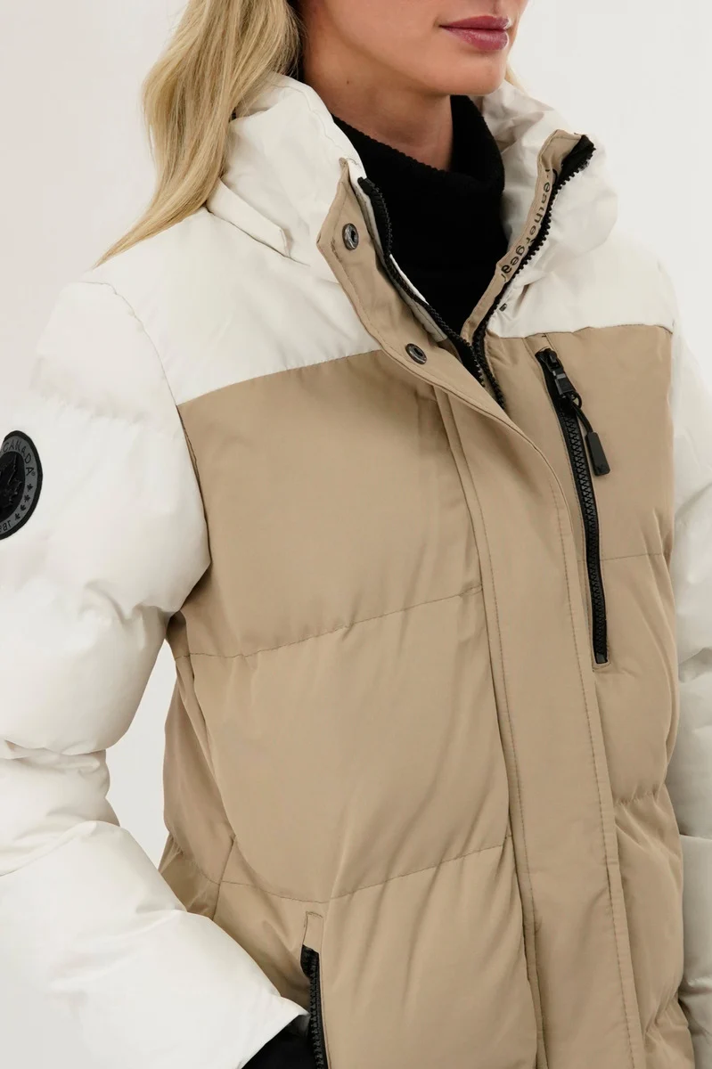 Colour Block Puffer Parka Jacket - Beige - Image 4