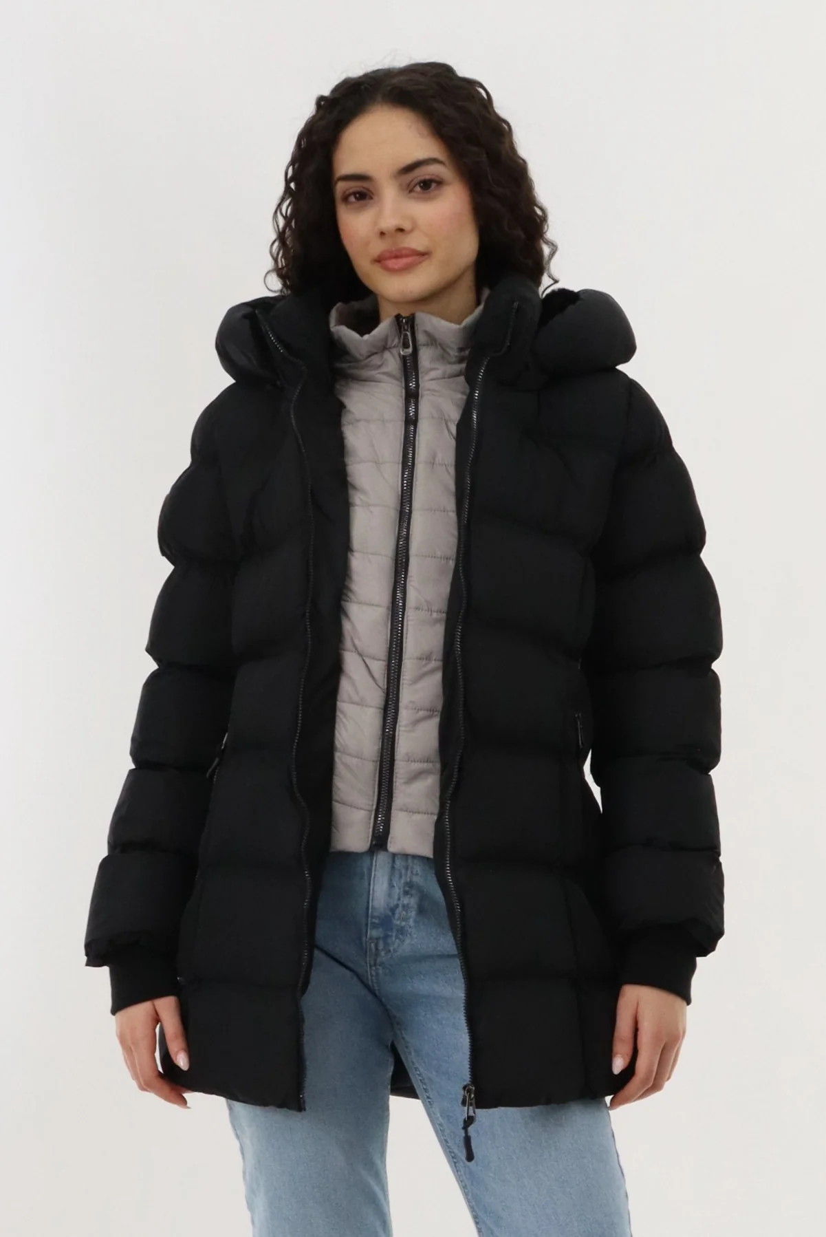Double Zip Two Tone Parka Jacket - Black