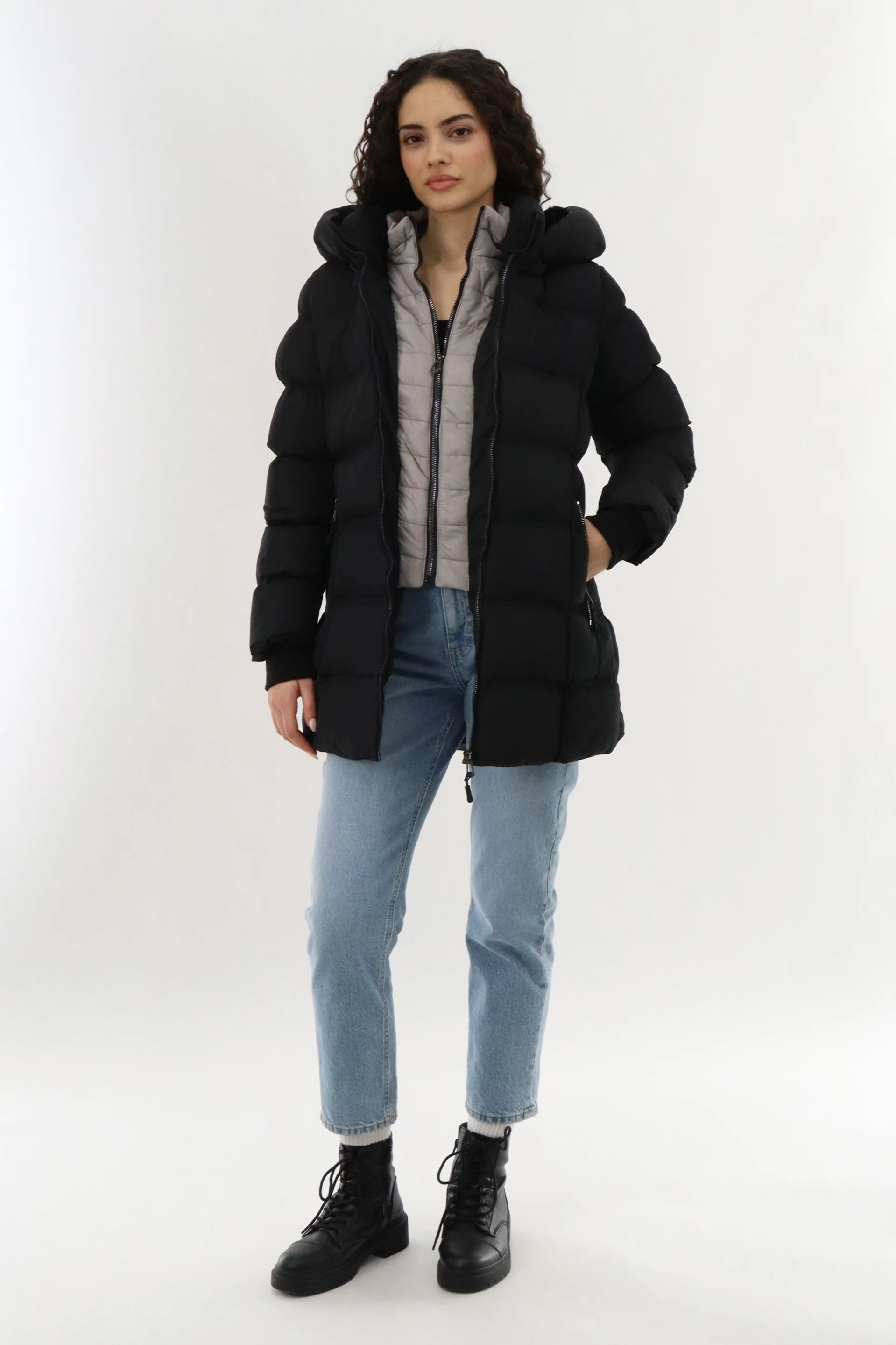 Double Zip Two Tone Parka Jacket - Black - Image 5