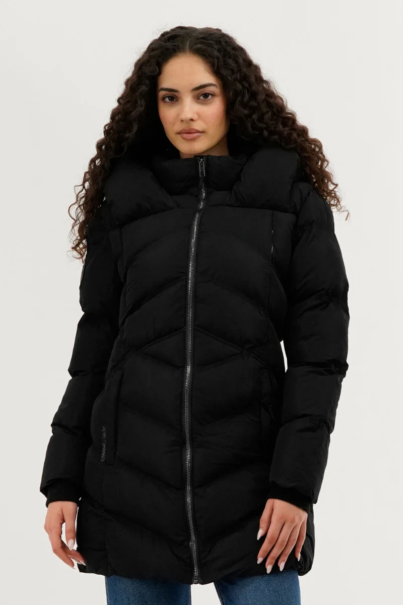 Chevron Quilted Parka Jacket - Black