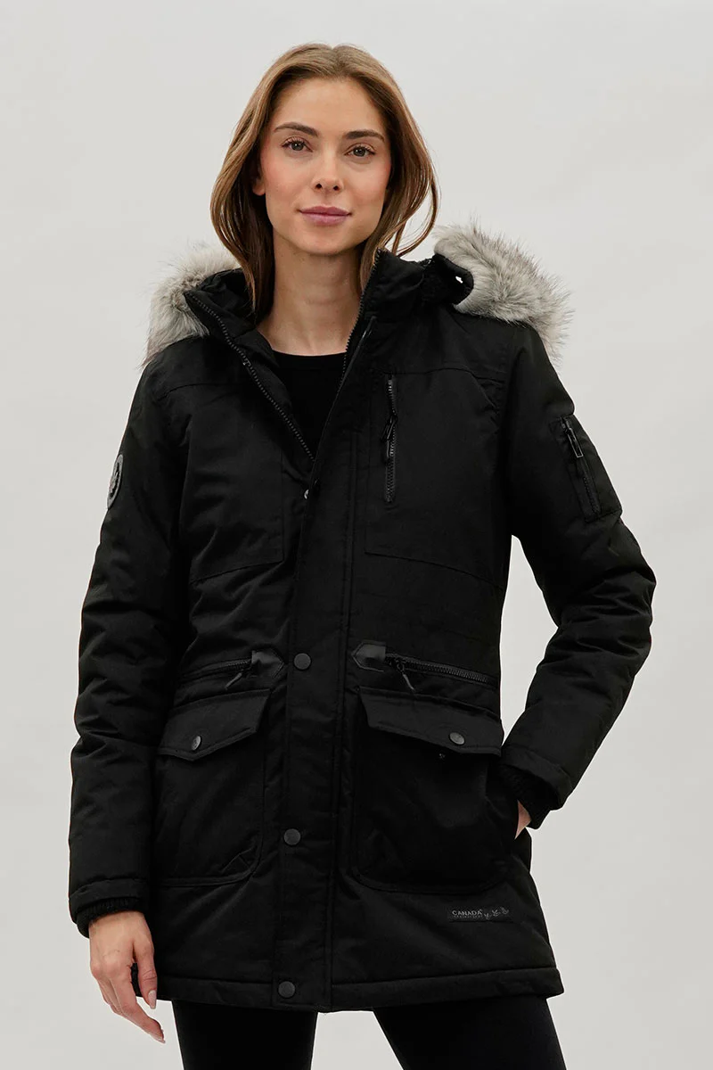 Faux Fur Lined Parka Jacket - Black