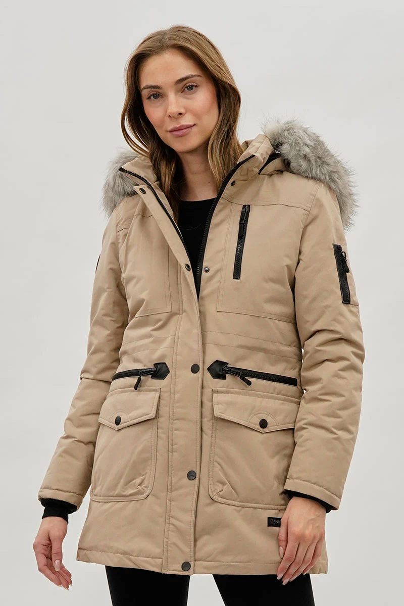 Faux Fur Lined Parka Jacket - Beige