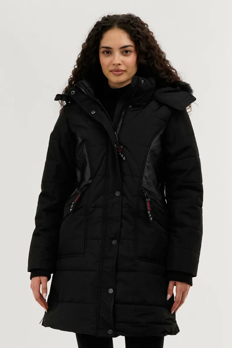 Vegan Leather Insert Parka Jacket - Black
