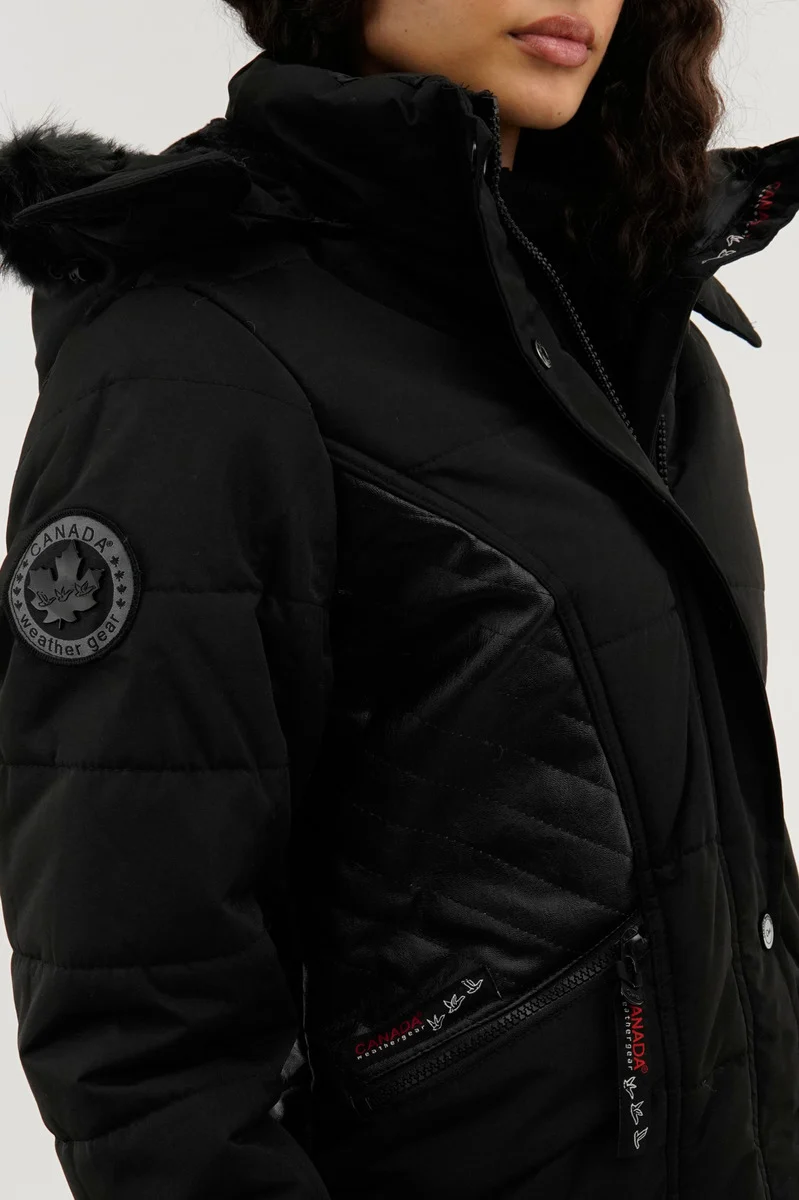 Vegan Leather Insert Parka Jacket - Black - Image 4