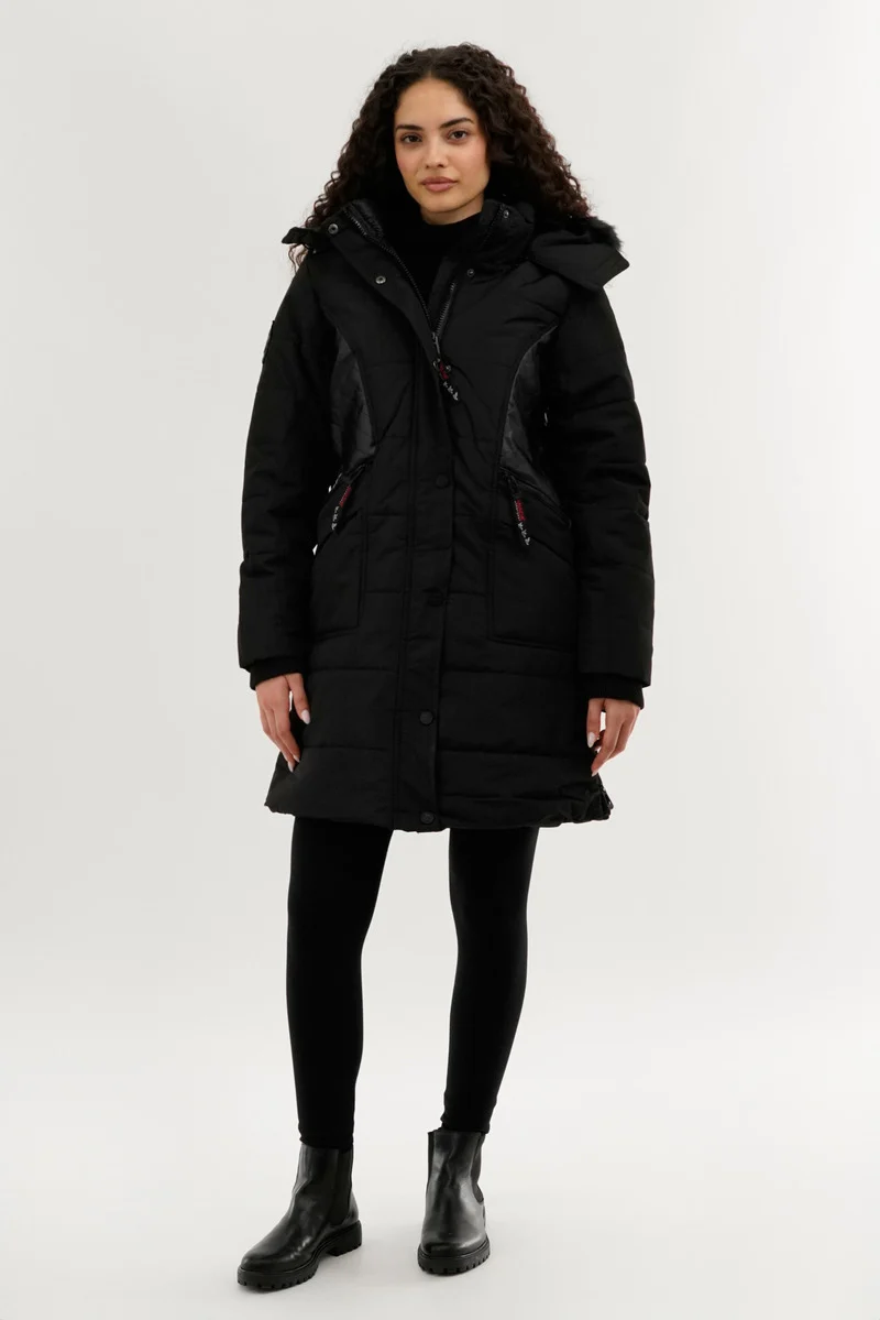 Vegan Leather Insert Parka Jacket - Black - Image 5