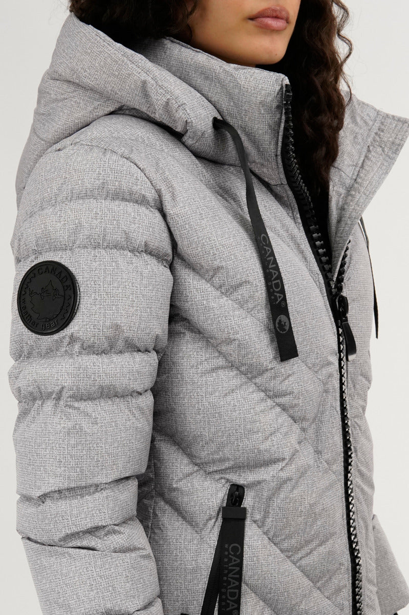 Chevron Quilted Long Parka Jacket - Grey - Image 4
