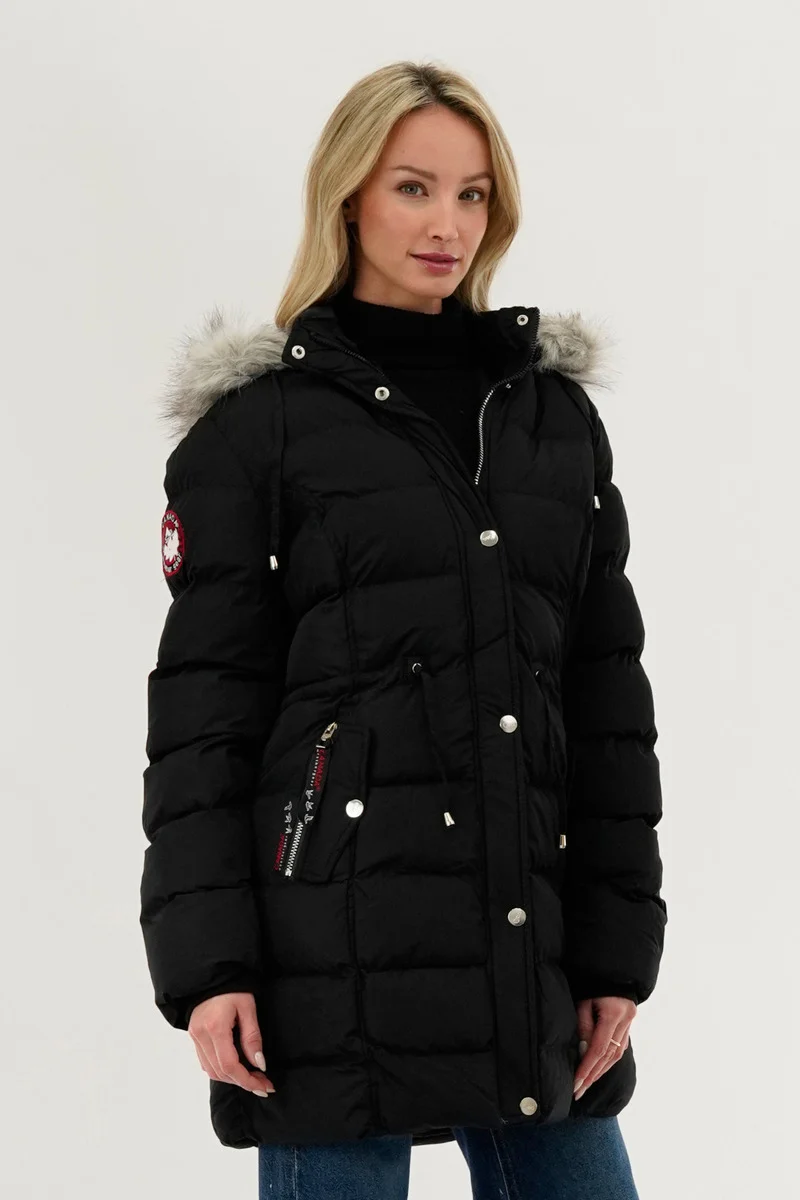 Tie Waist Puffer Parka Jacket - Black - Image 2