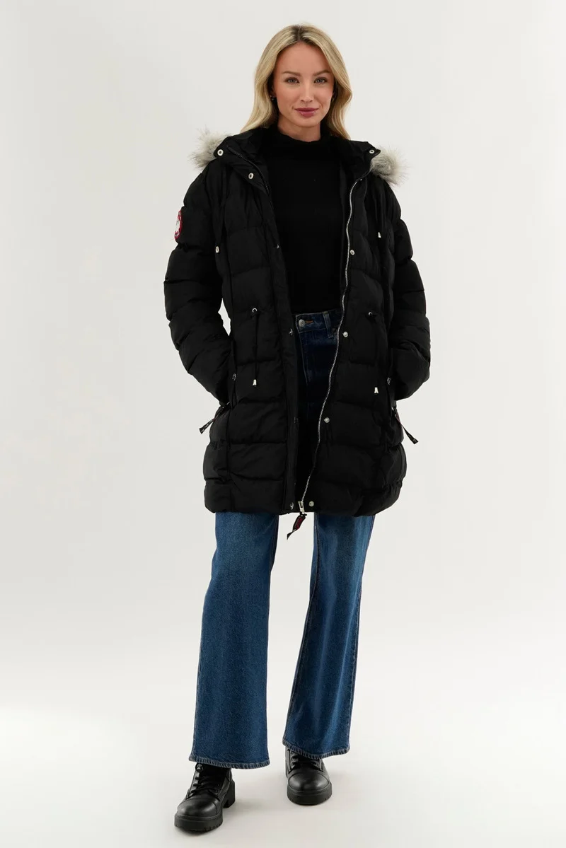 Tie Waist Puffer Parka Jacket - Black - Image 5