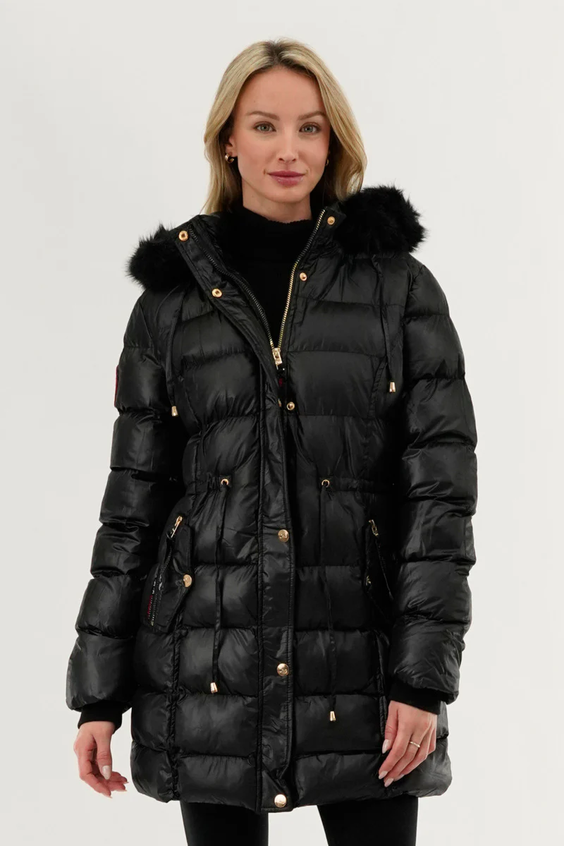 Tie Waist Puffer Parka Jacket - Black