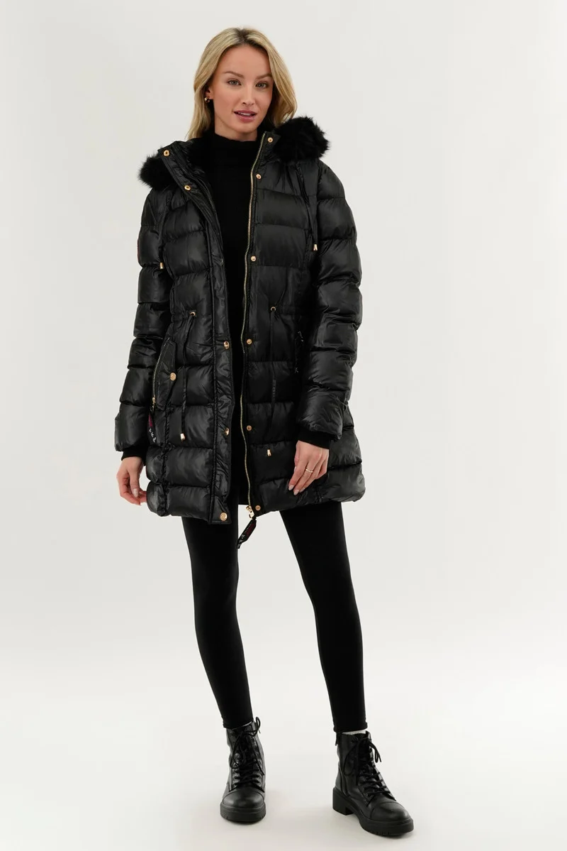 Tie Waist Puffer Parka Jacket - Black - Image 5