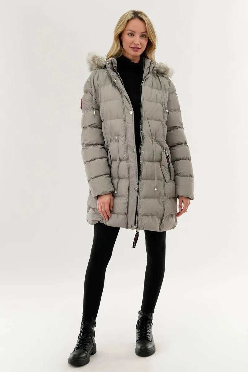 Tie Waist Puffer Parka Jacket - Grey - Image 5