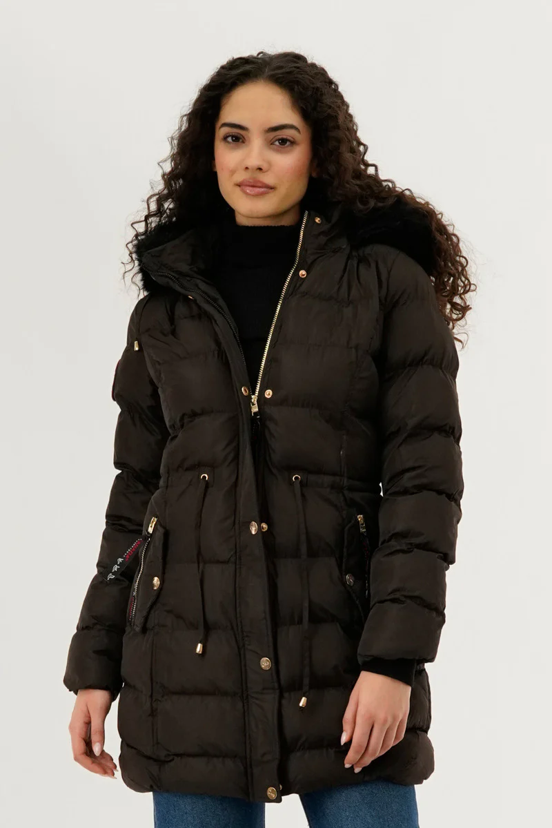 Tie Waist Puffer Parka Jacket - Brown