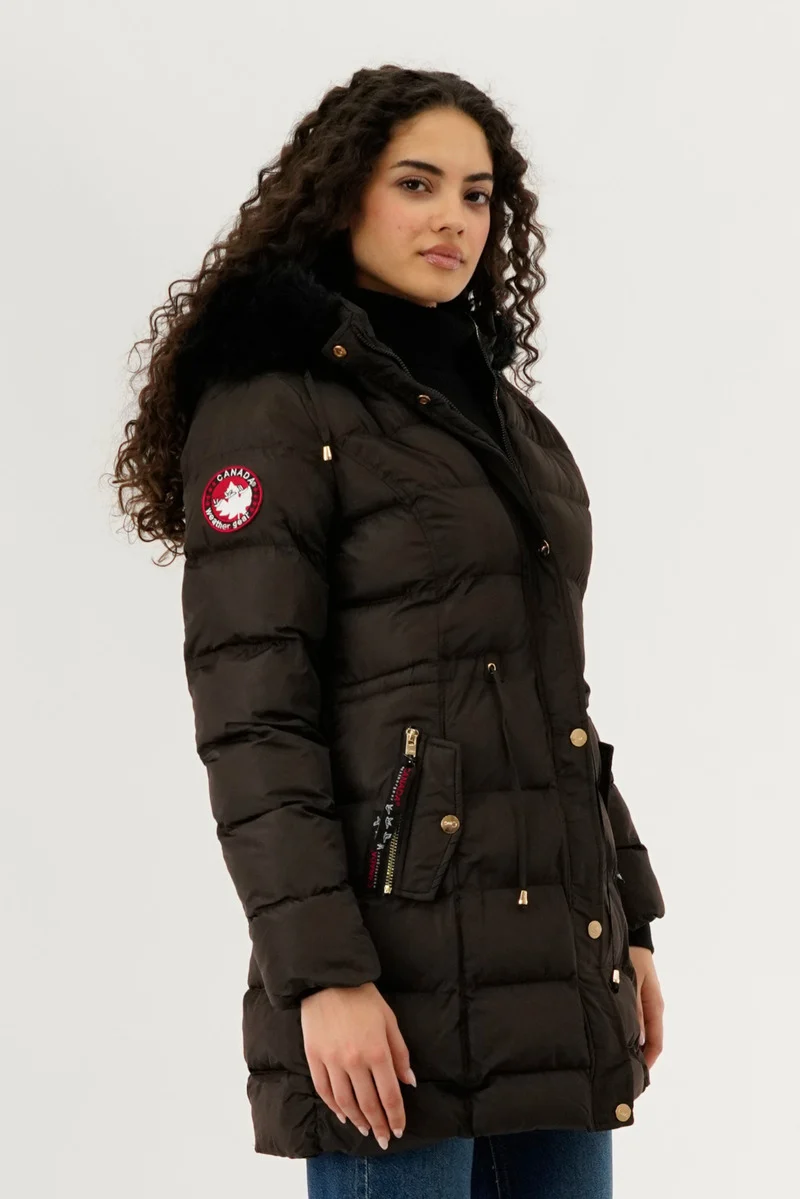 Tie Waist Puffer Parka Jacket - Brown - Image 2