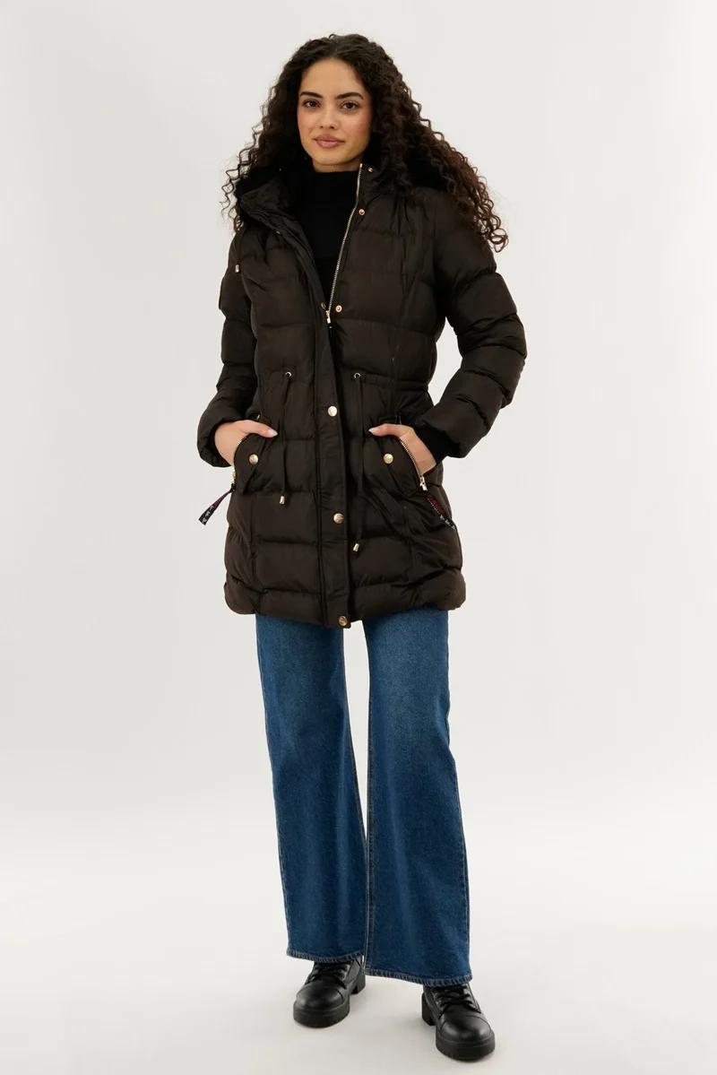 Tie Waist Puffer Parka Jacket - Brown - Image 5