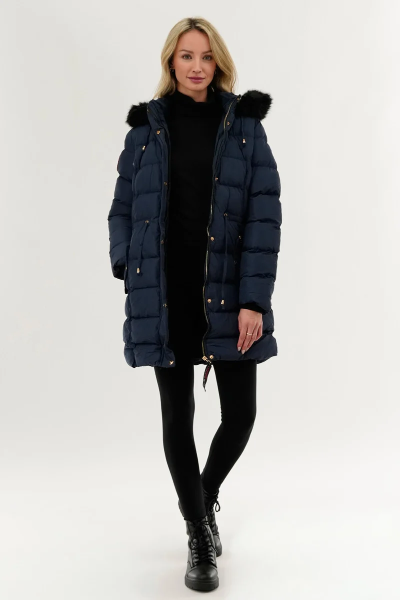 Tie Waist Puffer Parka Jacket - Navy - Image 5