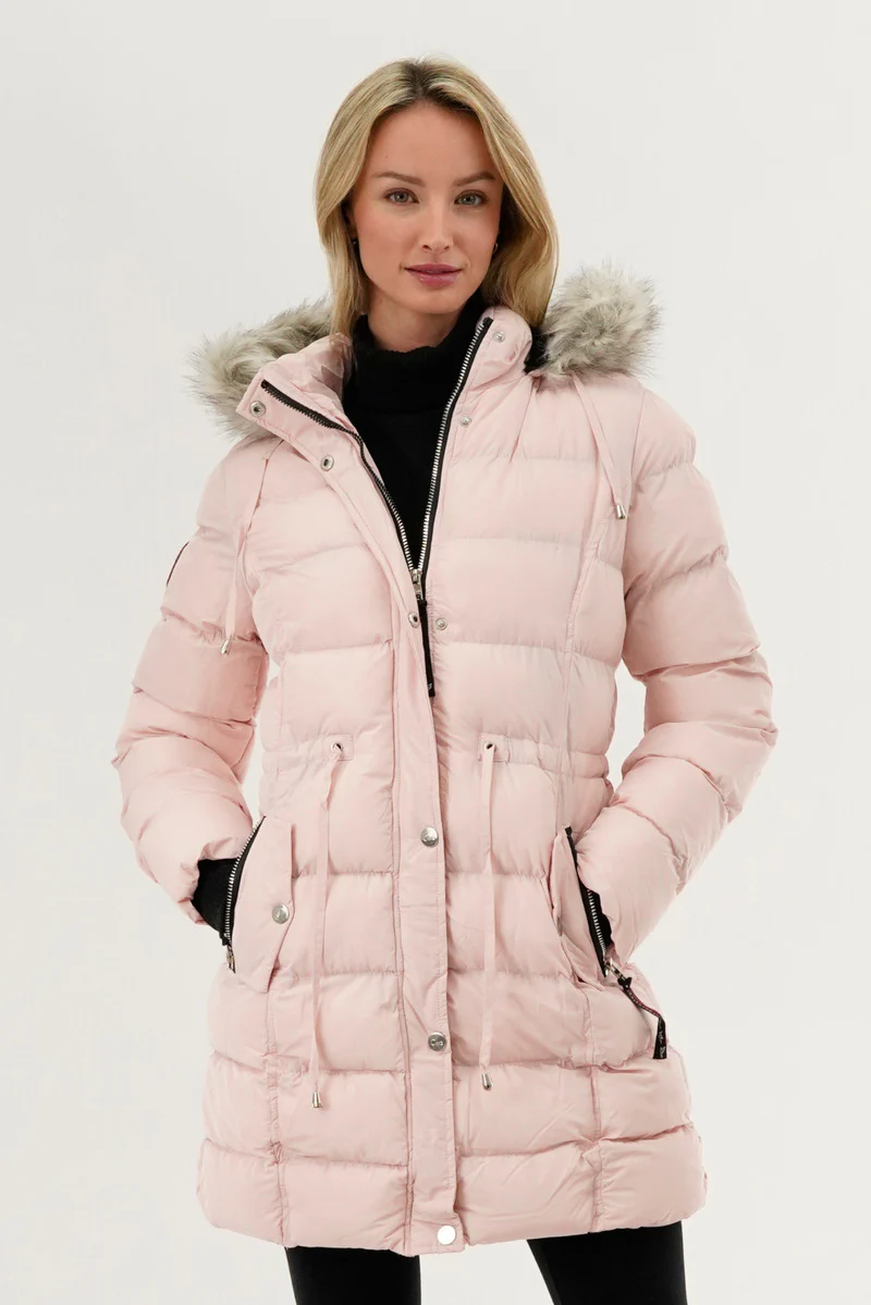 Tie Waist Puffer Parka Jacket - Pink