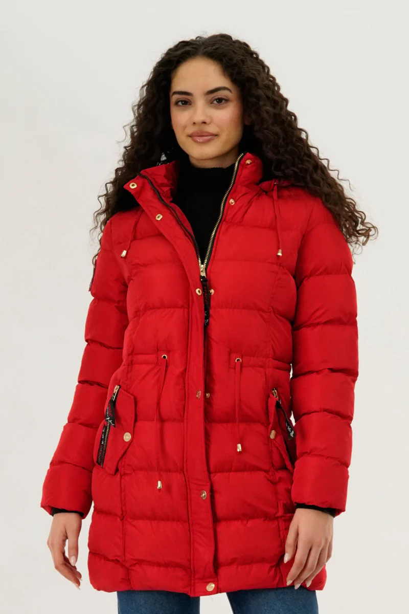 Tie Waist Puffer Parka Jacket - Red