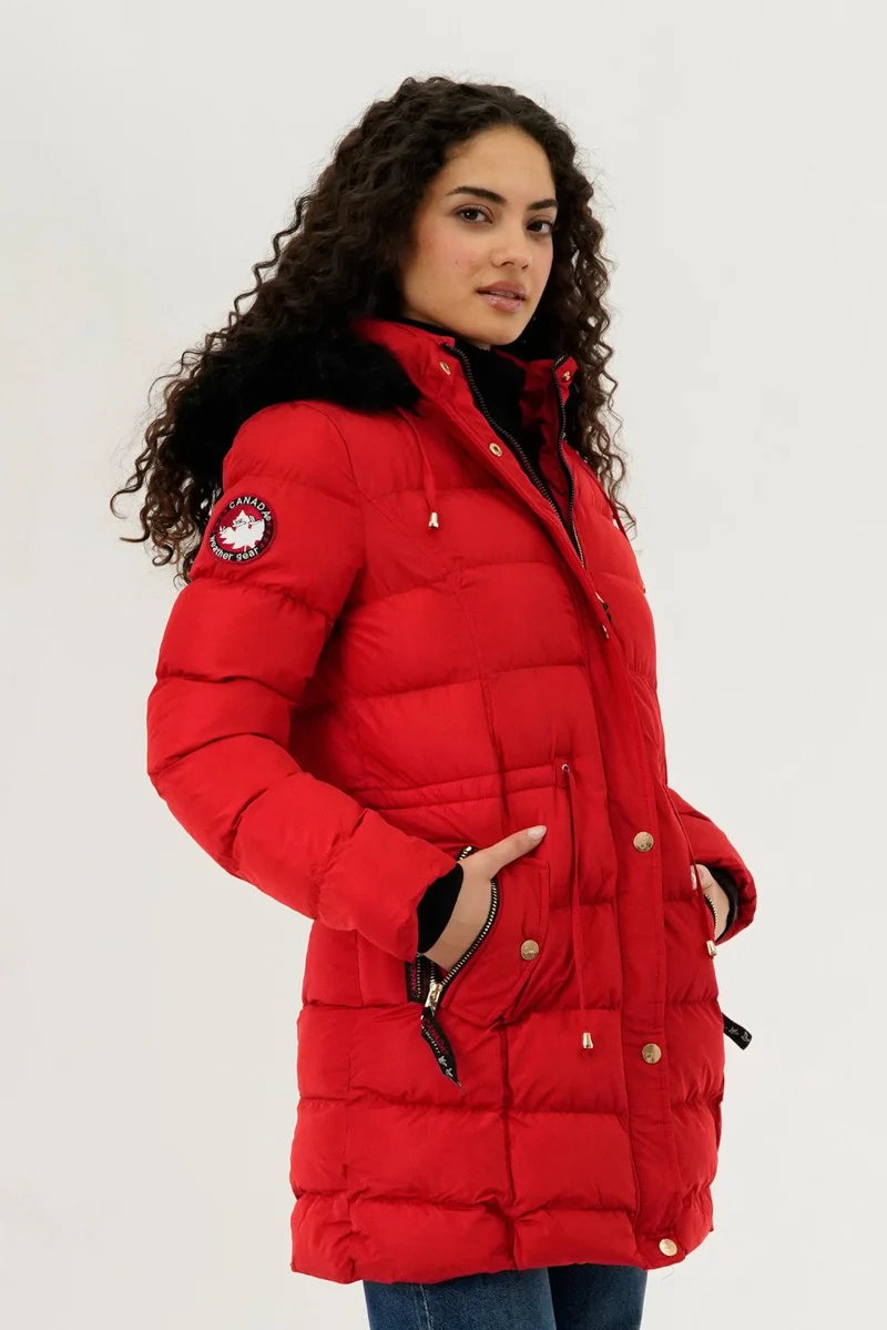 Tie Waist Puffer Parka Jacket - Red - Image 2