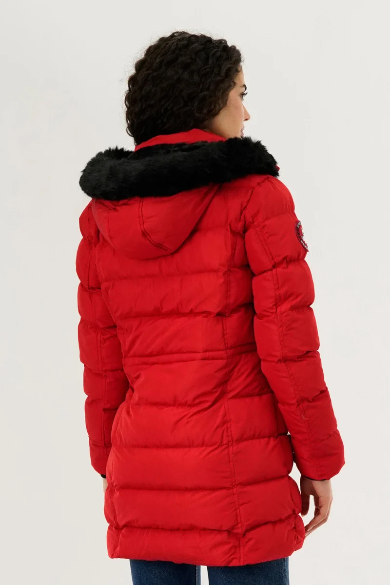 Tie Waist Puffer Parka Jacket - Red - Image 3