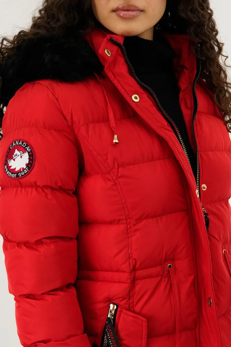 Tie Waist Puffer Parka Jacket - Red - Image 4
