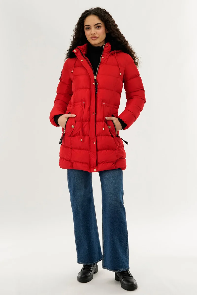 Tie Waist Puffer Parka Jacket - Red - Image 5