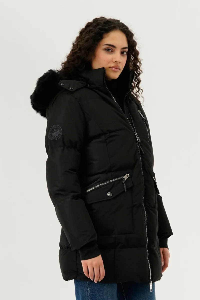 Faux Fur Lined Hood Parka Jacket - Black - Image 2
