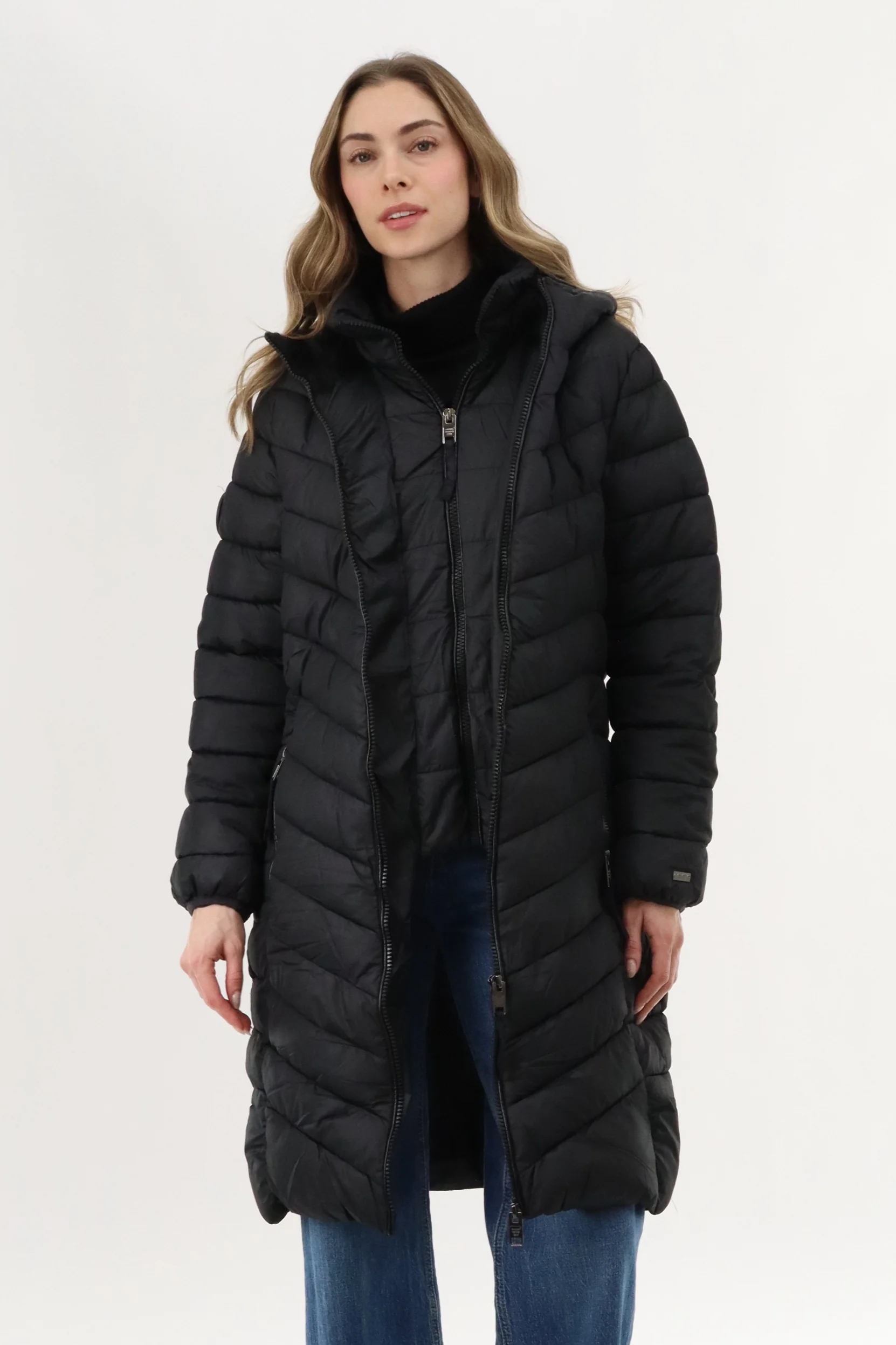 Long Double Zip Chevron Quilted Parka Jacket - Black