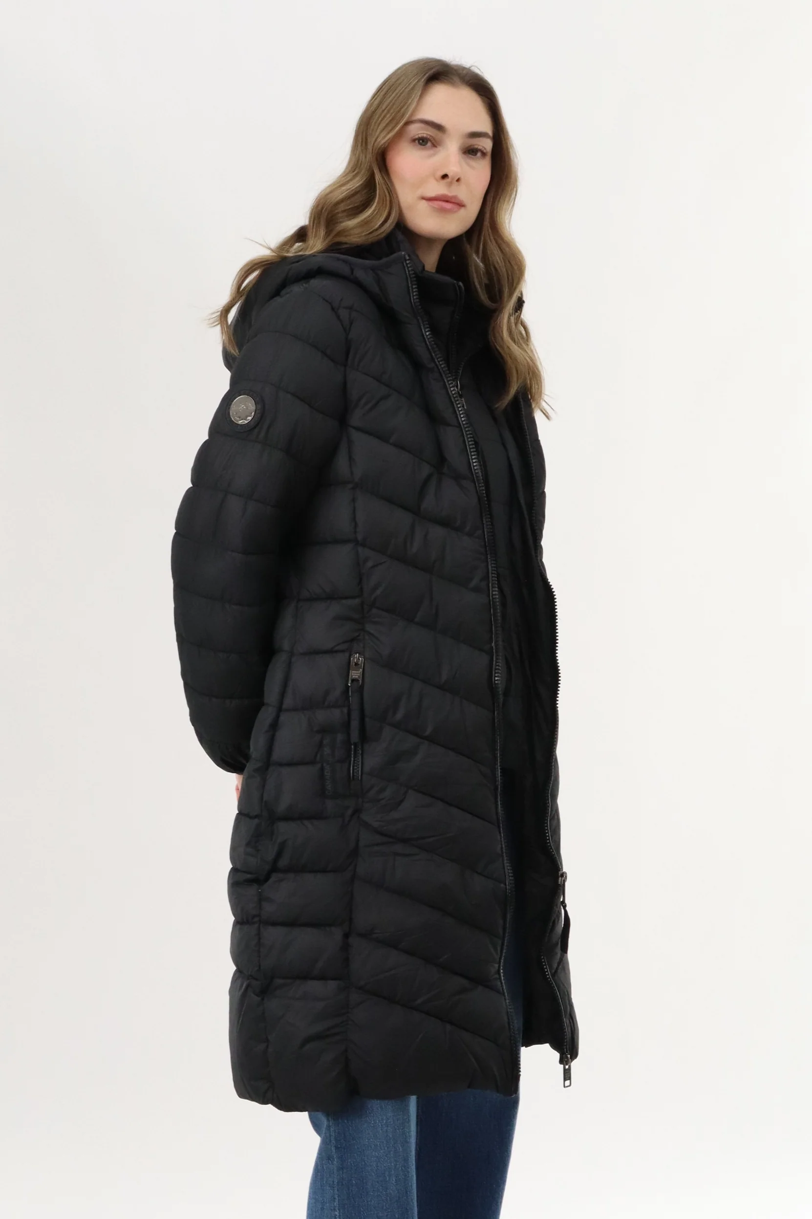 Long Double Zip Chevron Quilted Parka Jacket - Black - Image 2
