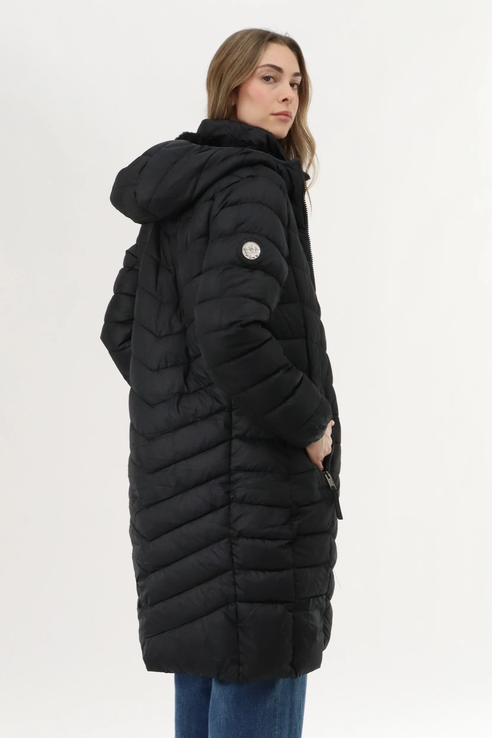 Long Double Zip Chevron Quilted Parka Jacket - Black - Image 3