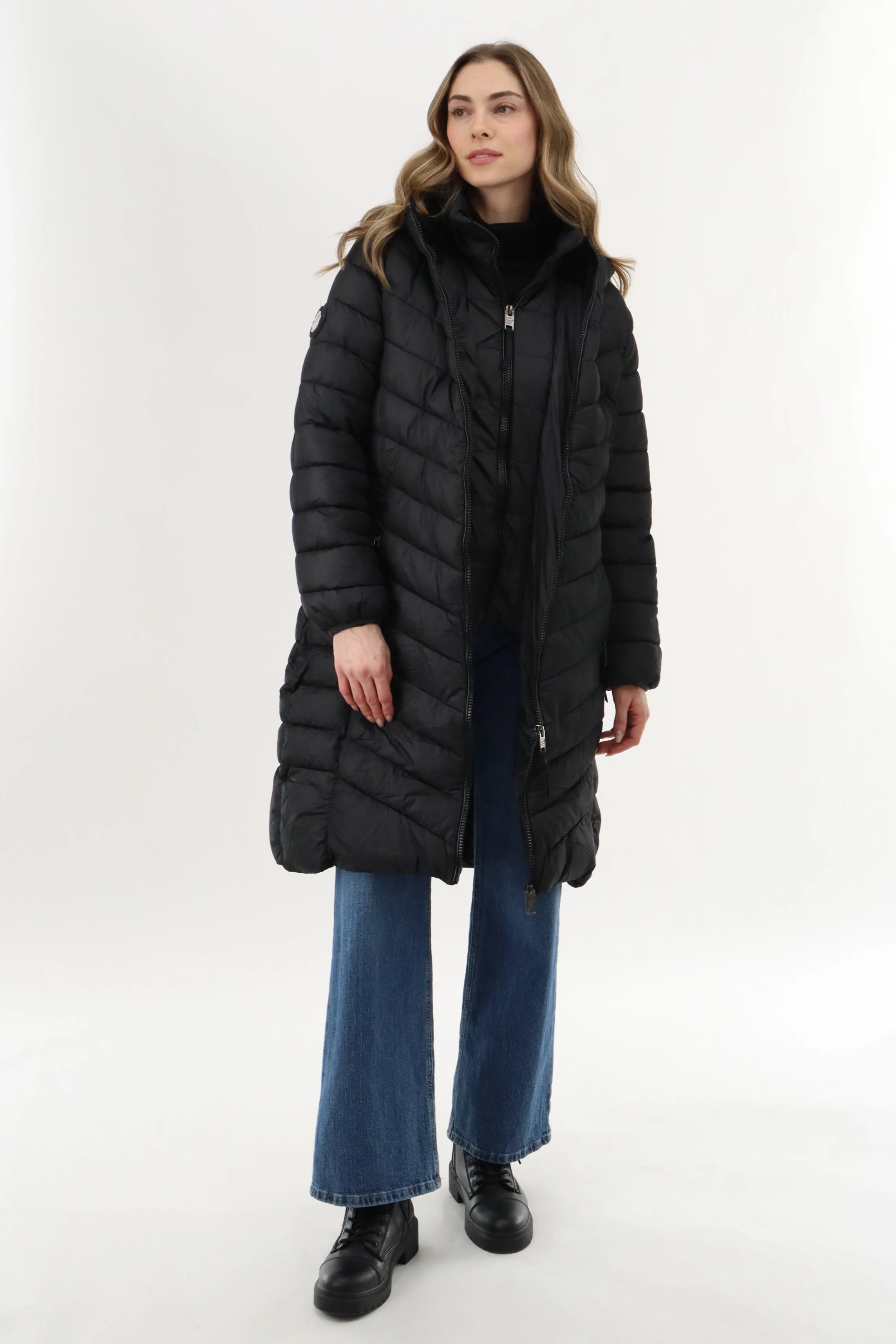 Long Double Zip Chevron Quilted Parka Jacket - Black - Image 4