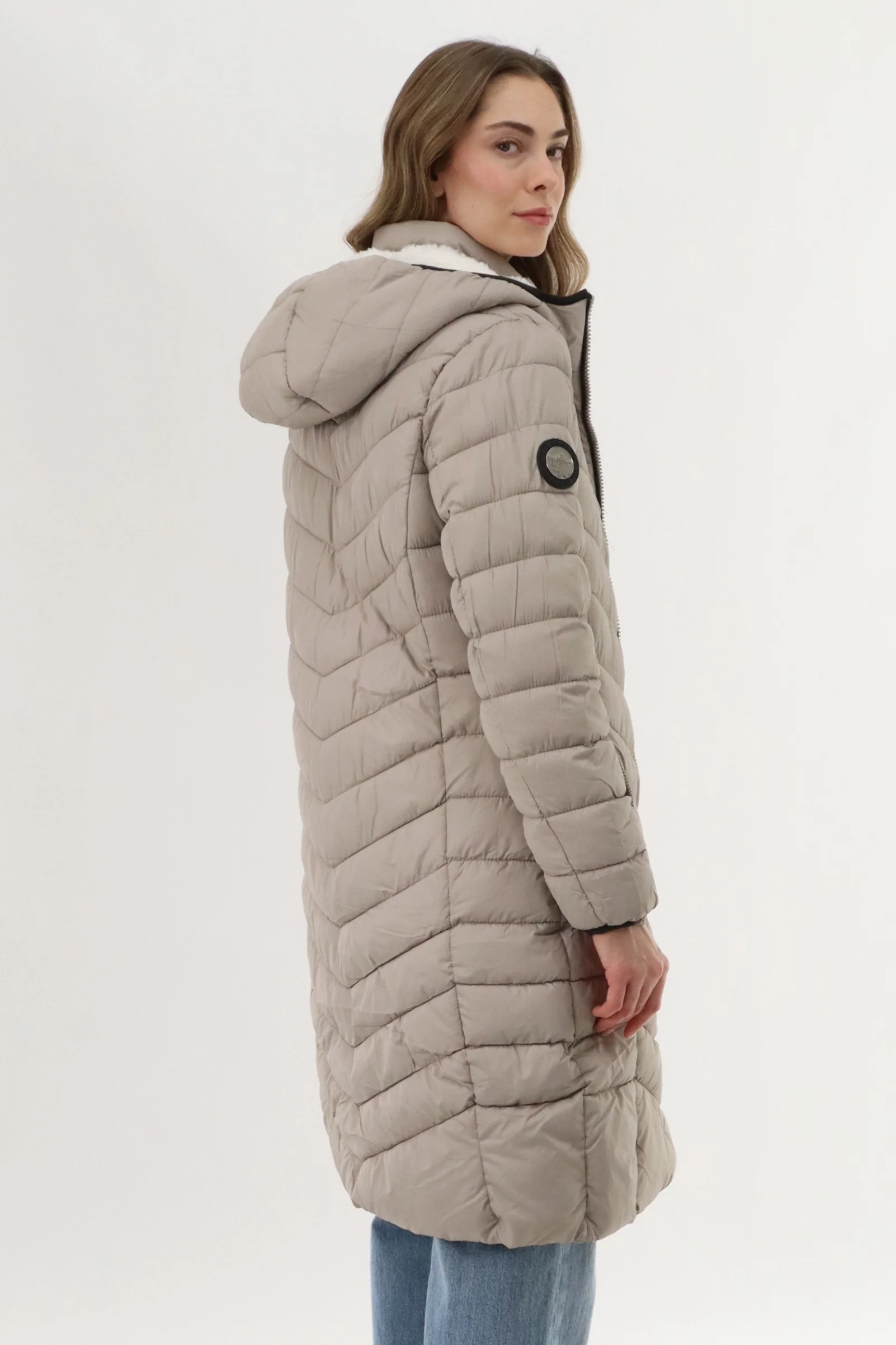 Long Double Zip Chevron Quilted Parka Jacket - Beige - Image 3