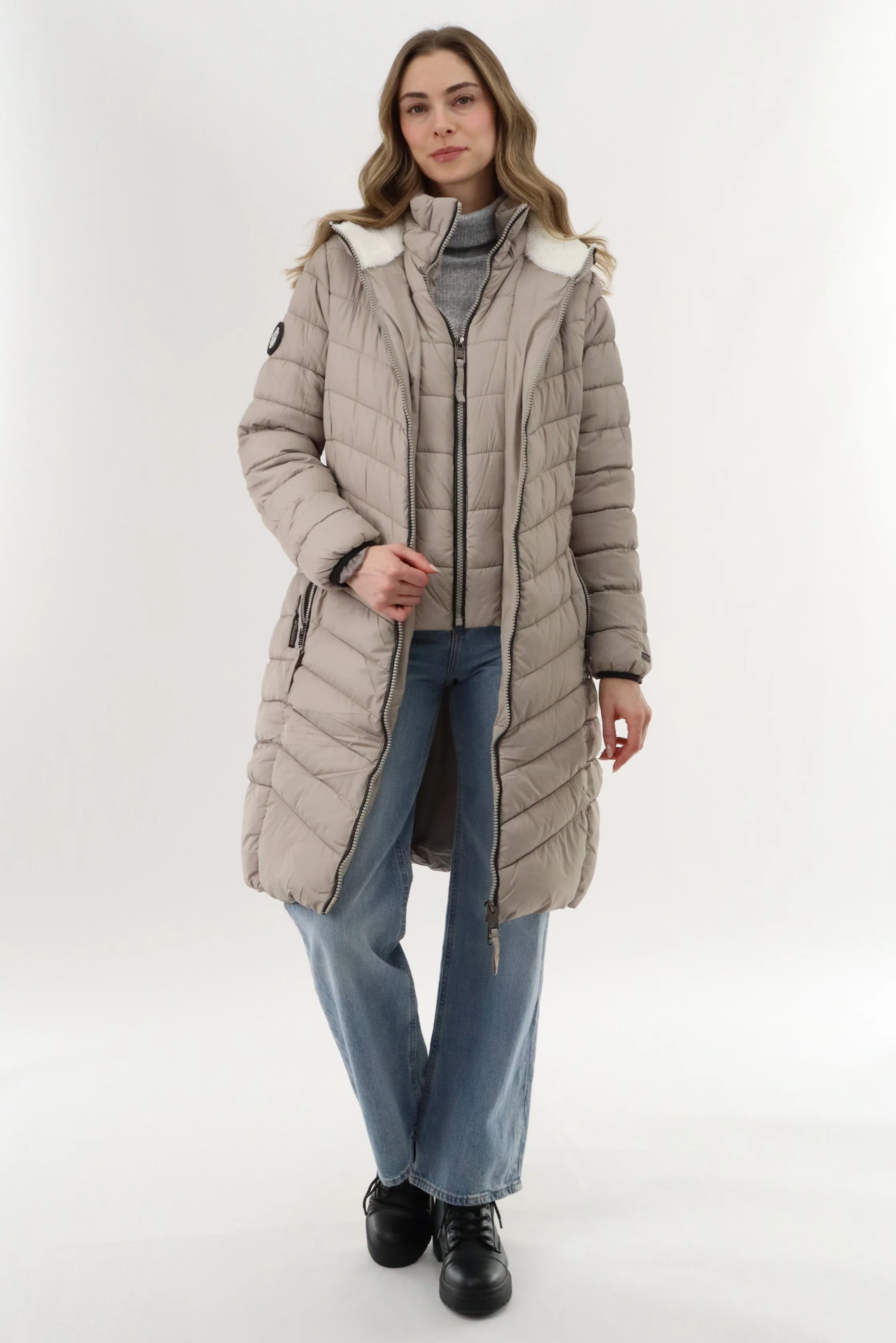 Long Double Zip Chevron Quilted Parka Jacket - Beige - Image 4
