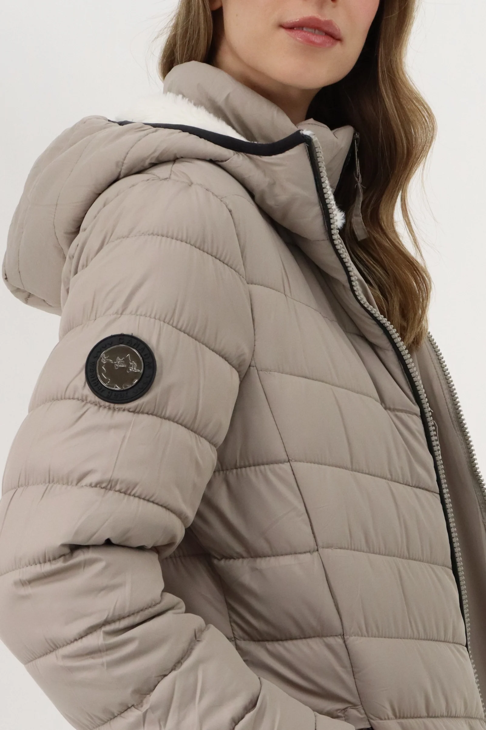 Long Double Zip Chevron Quilted Parka Jacket - Beige - Image 5