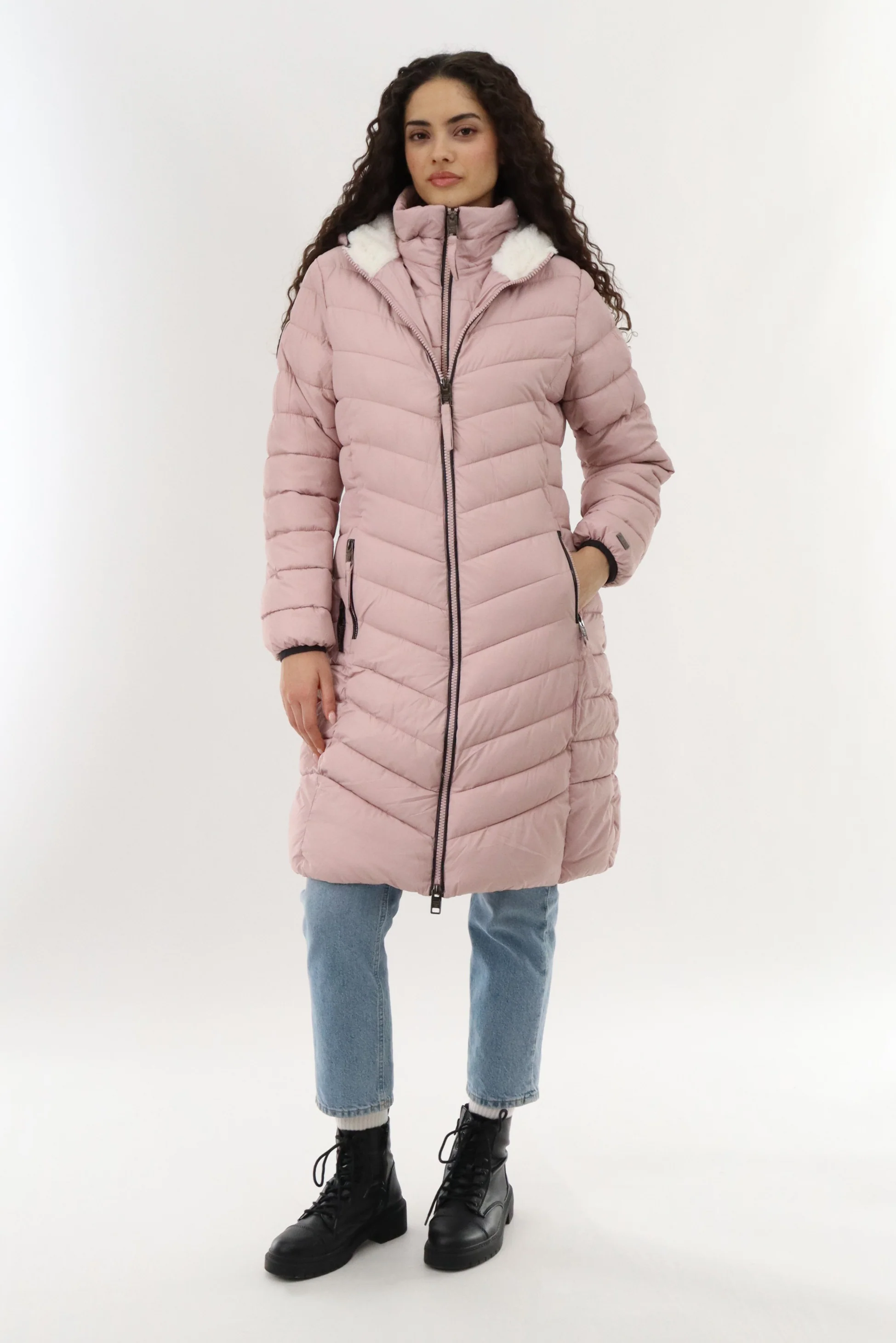 Long Double Zip Chevron Quilted Parka Jacket - Pink - Image 5