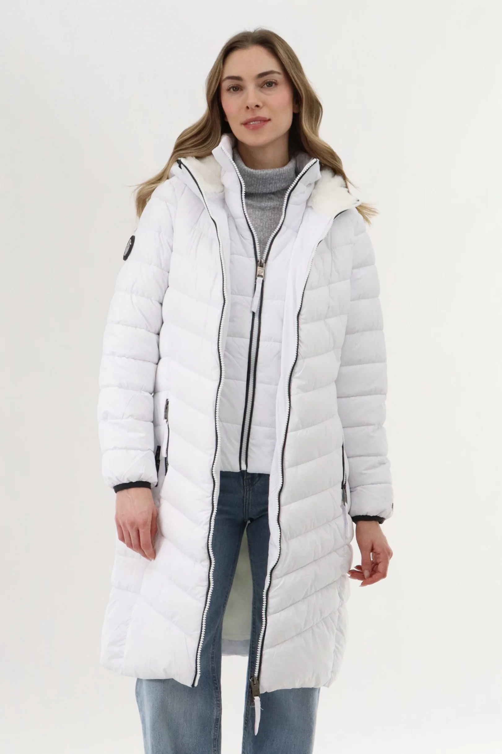 Long Double Zip Chevron Quilted Parka Jacket - White