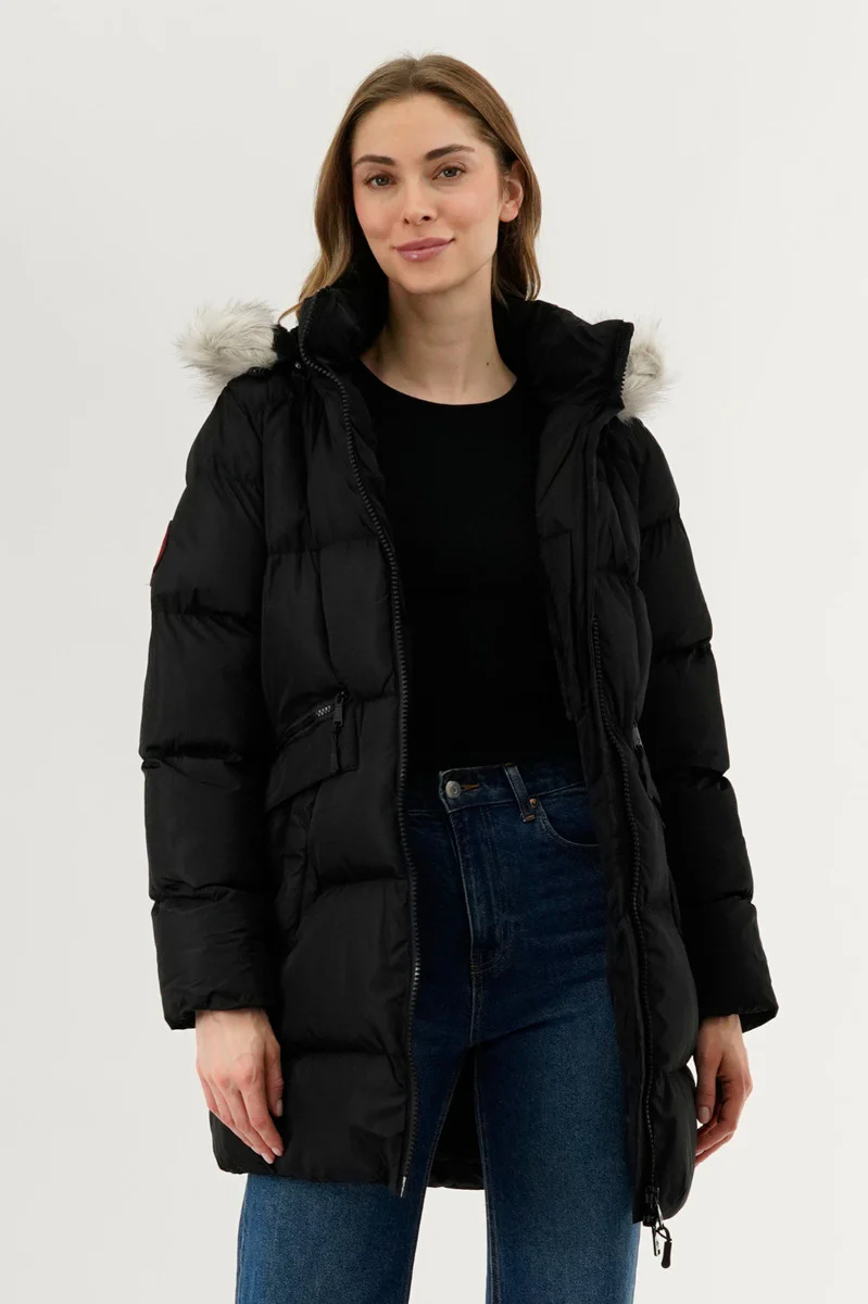 Faux Fur Trim Puffer Parka Jacket - Black