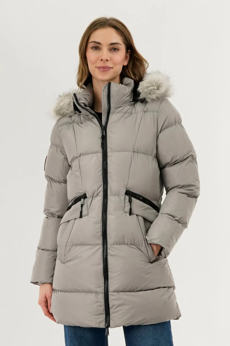 Faux Fur Trim Puffer Parka Jacket - Stone