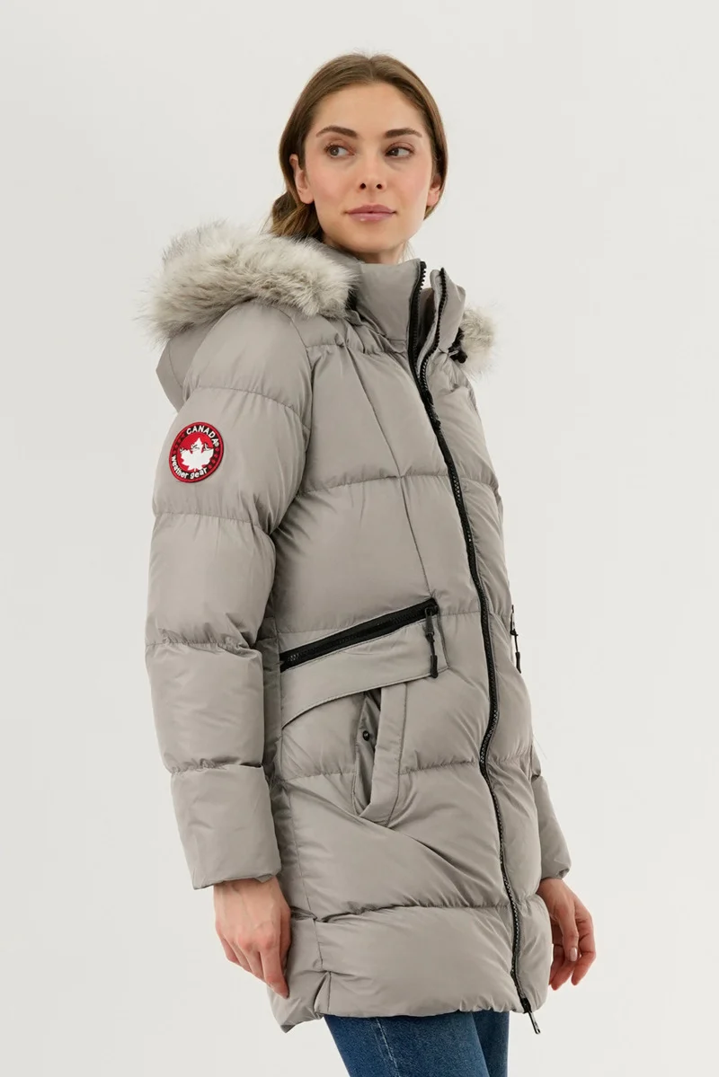 Faux Fur Trim Puffer Parka Jacket - Stone - Image 2