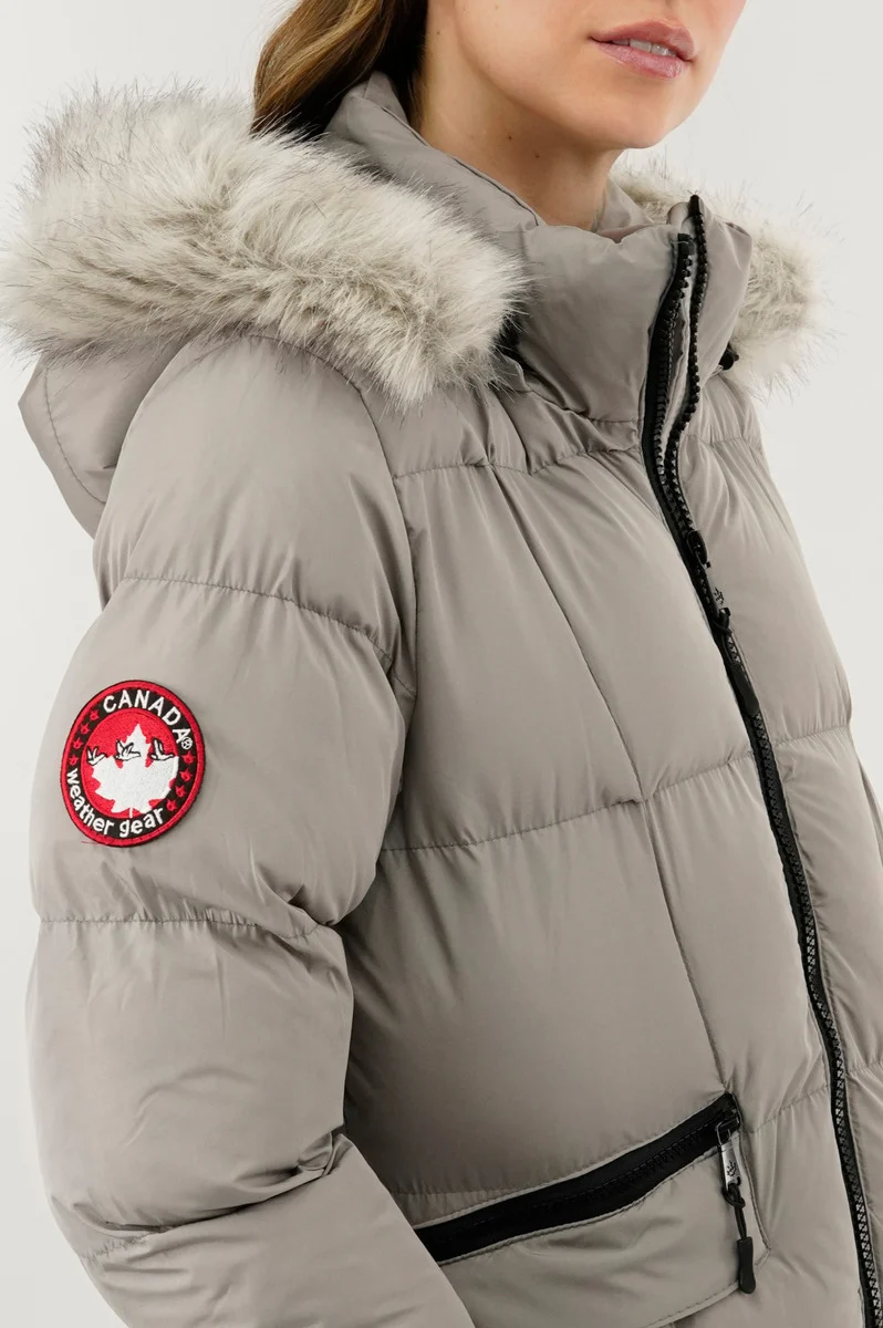 Faux Fur Trim Puffer Parka Jacket - Stone - Image 4