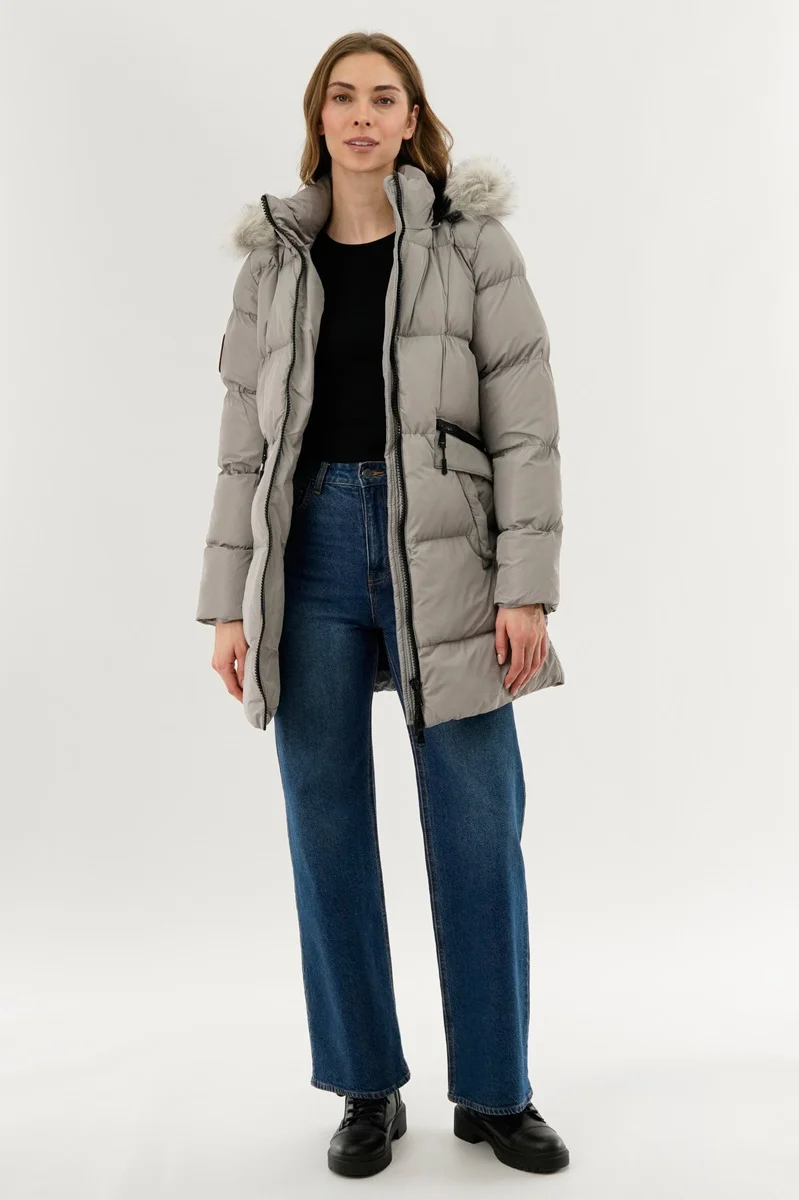 Faux Fur Trim Puffer Parka Jacket - Stone - Image 5