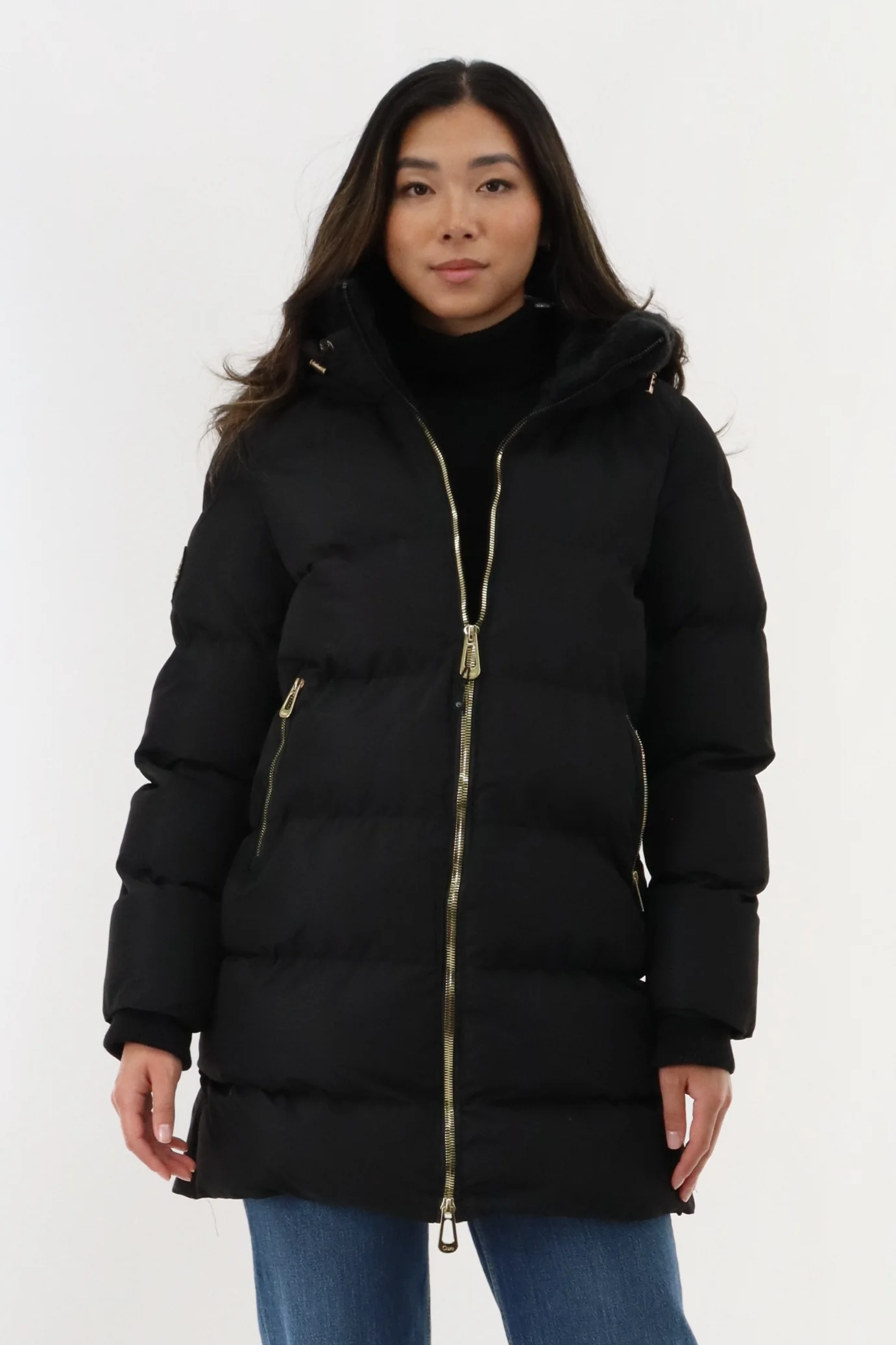 Gold Trim Hip Length Parka Jacket - Black