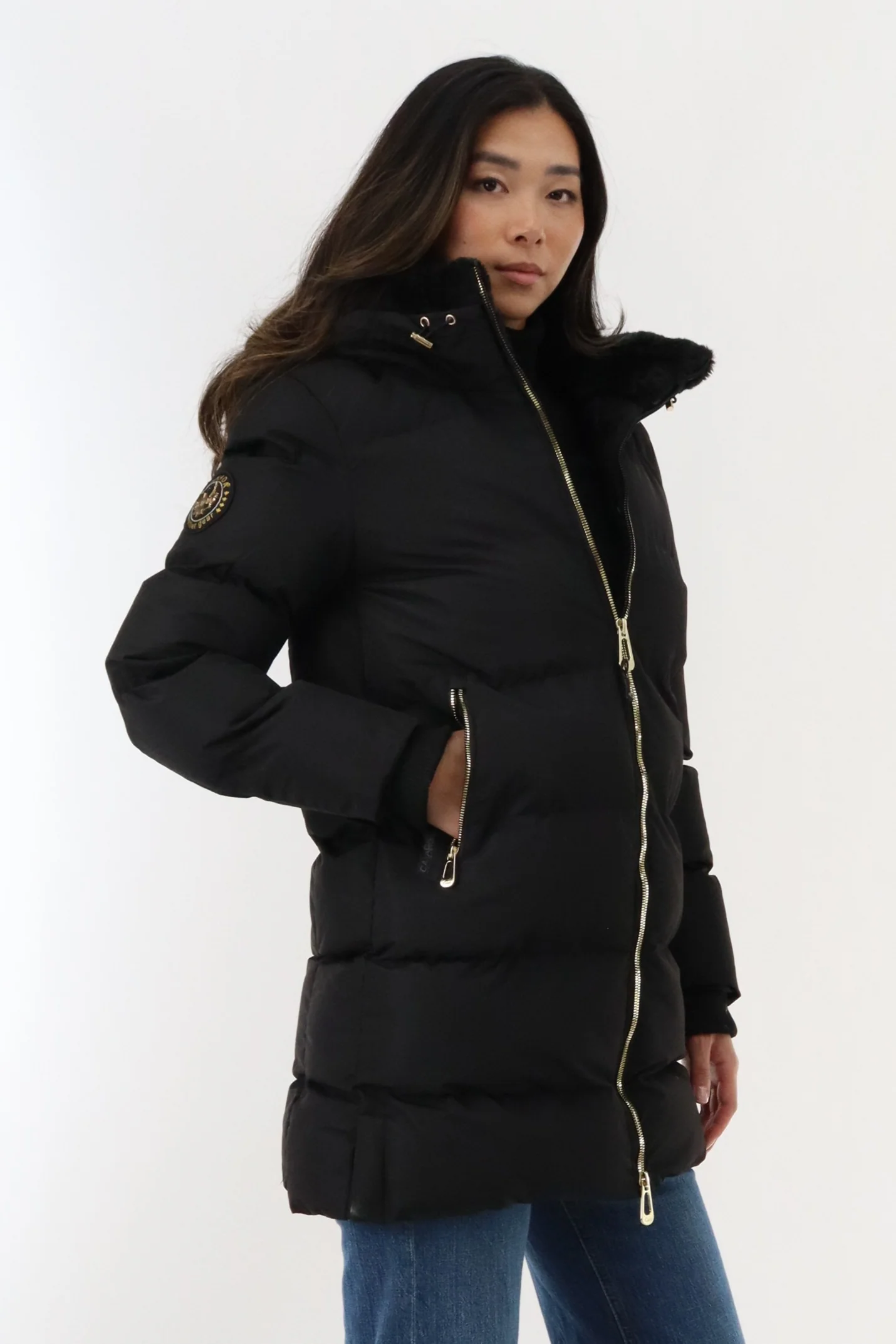 Gold Trim Hip Length Parka Jacket - Black - Image 2