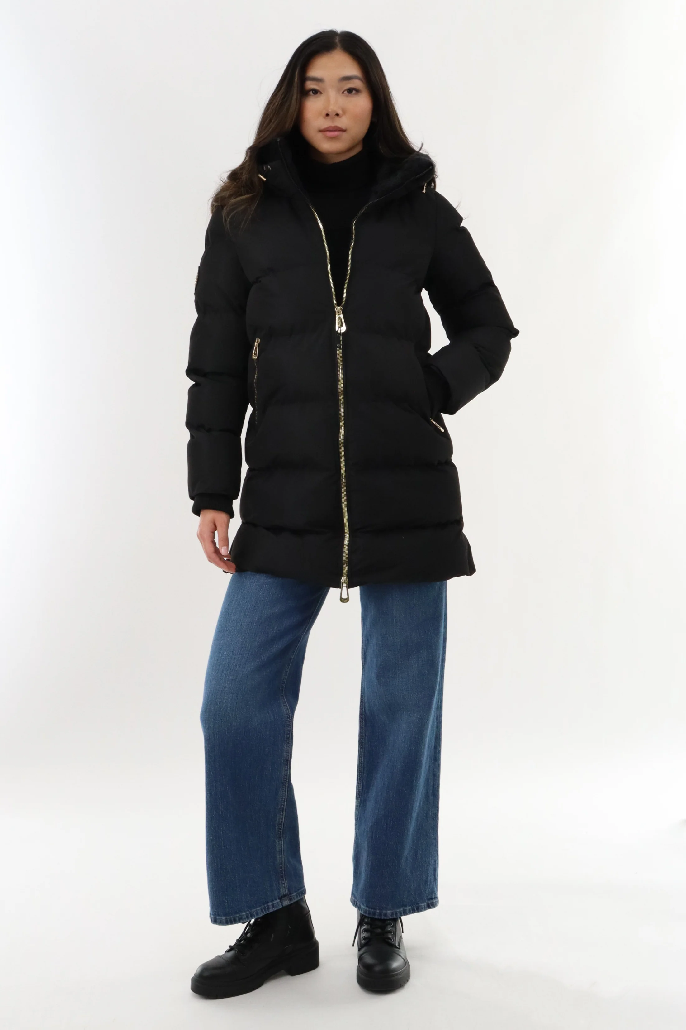 Gold Trim Hip Length Parka Jacket - Black - Image 5