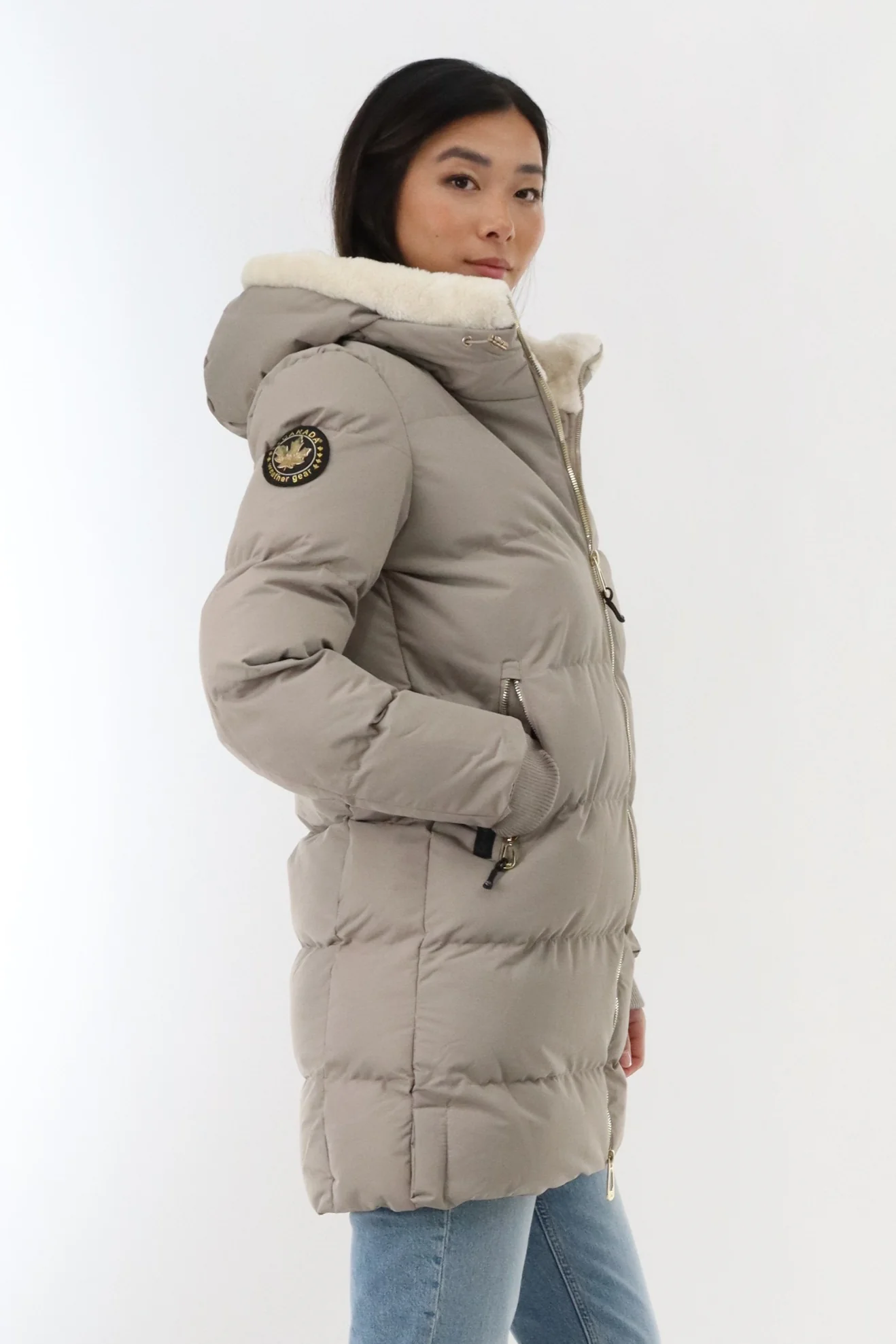 Gold Trim Hip Length Parka Jacket - Stone - Image 2