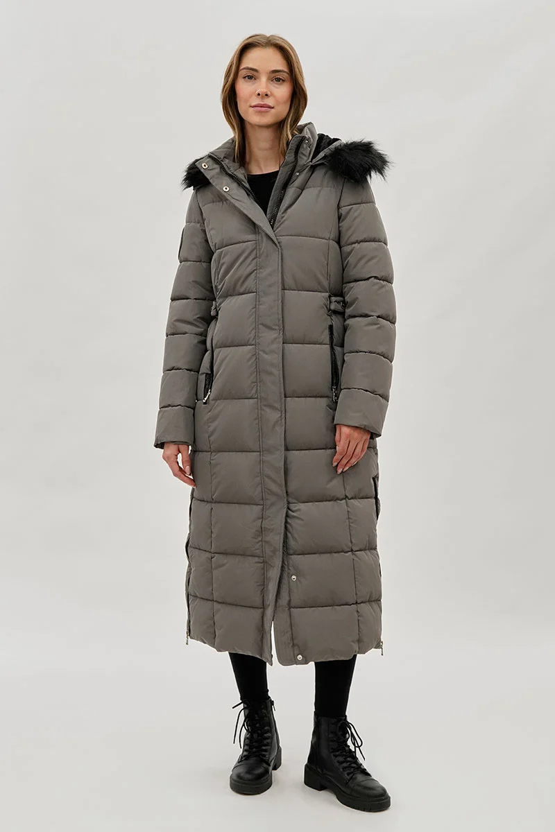 Long Faux Fur Lined Parka Jacket - Grey - Image 5