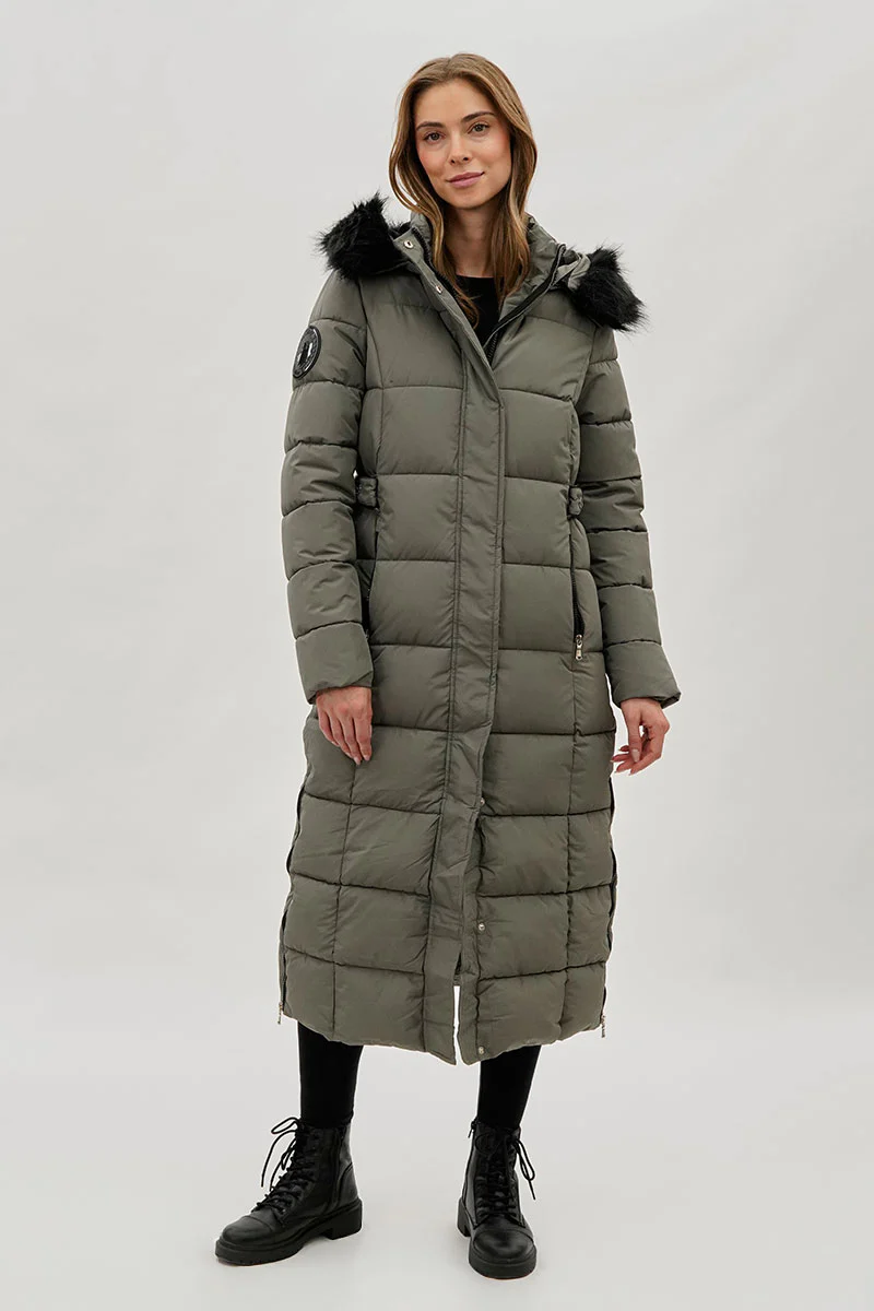 Long Faux Fur Lined Parka Jacket - Olive