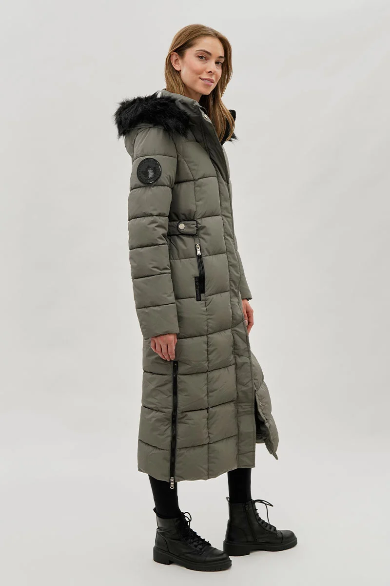 Long Faux Fur Lined Parka Jacket - Olive - Image 2
