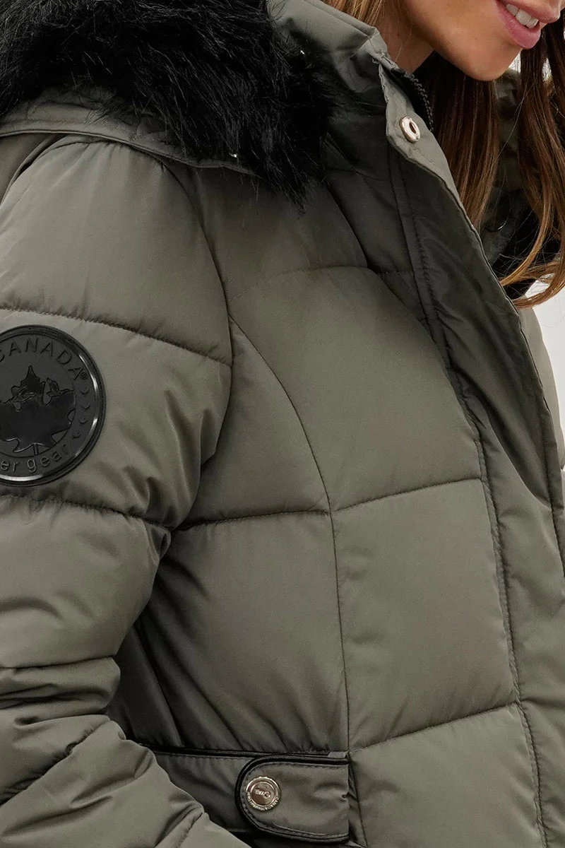 Long Faux Fur Lined Parka Jacket - Olive - Image 4