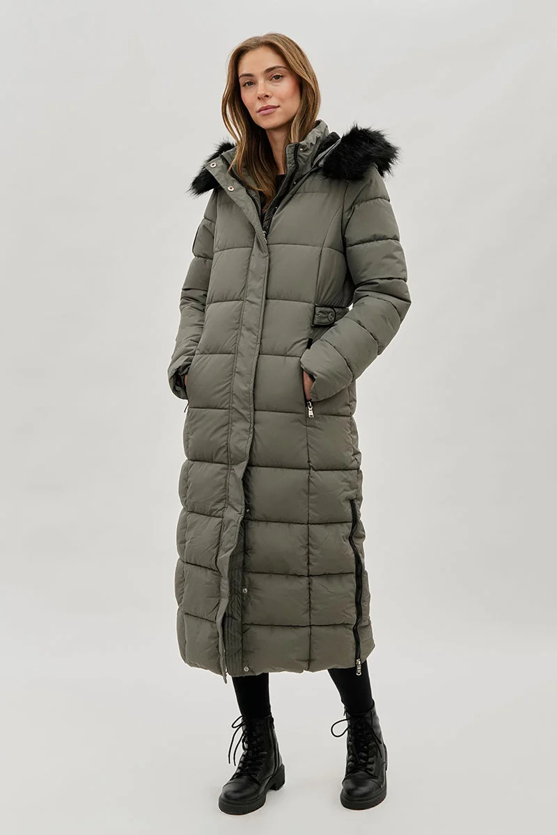 Long Faux Fur Lined Parka Jacket - Olive - Image 5