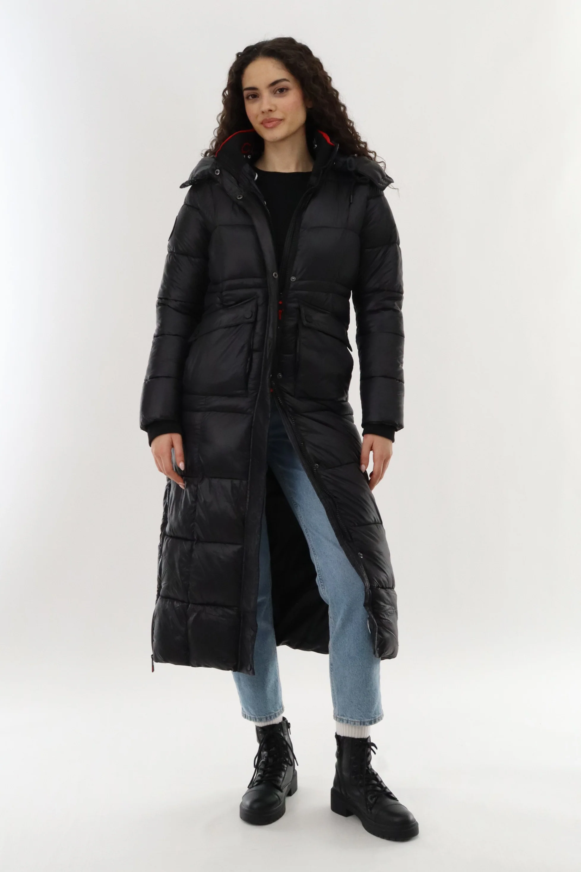 Long Shiny Quilted Parka Jacket - Black - Image 5